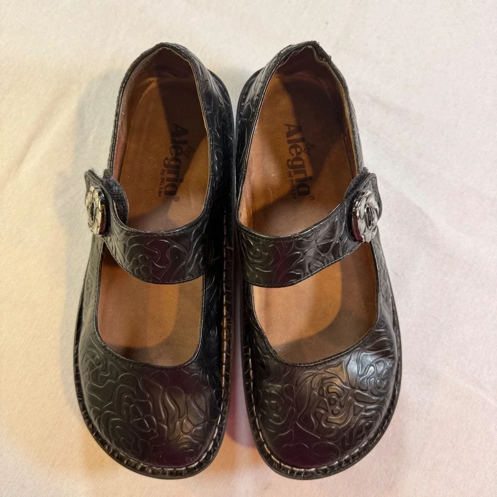 Alegria Paloma Mary Jane Womens 38 Black Embossed Leather Floral Comfort Nurse - Picture 2 of 7